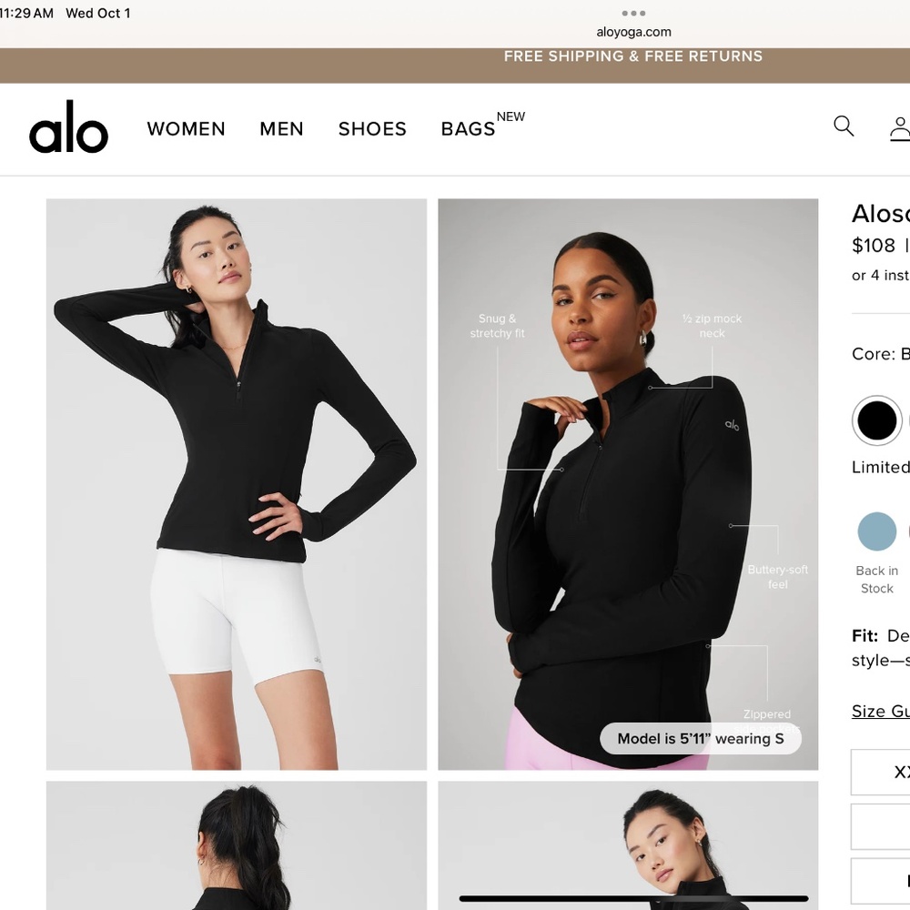 NWOT ALO Alosoft 1/2 zip Rapid Pullover size Large